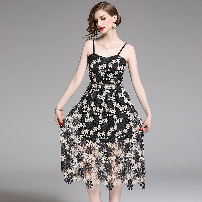 

HAMALIEL Fashion Women Black White Lace Holiday Dresses Summer Runway Spaghetti Strap Floral Embroidery Sexy Hollow Out Vestidos