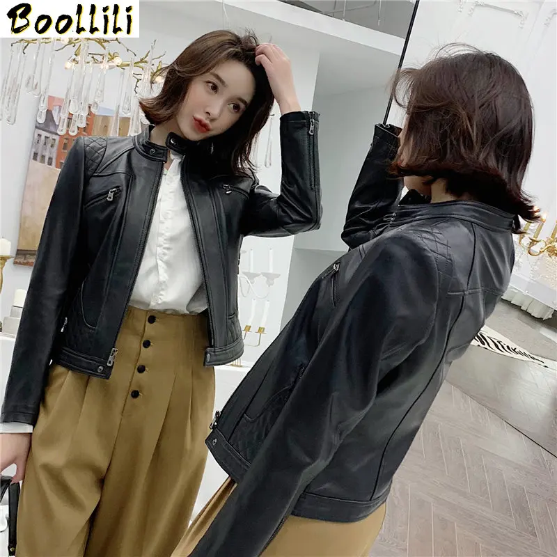 

Boollili 2020 Genuine Leather Jacket Women Spring Autumn 100% Sheepskin Coat Short Motorcycle Jacket Slim Fit Korean