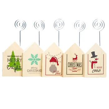 

1 Set 5 Pcs Christmas Decorations Ornaments Christmas Print Wooden Notes Folder Clip Office Desktop Creative Small House Decorat