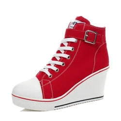 Heighten 8cm Platform Wedges Shoes Woman Canvas Round Toe Side Zipper Casual Fashion Retro Office Lady Brand Design High Quality