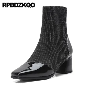 

Patent Leather Women Ankle Boots Medium Heel Stretch Slip On Lycra Square Toe Fashion 2019 Suede Chunky Plaid Shoes Autumn Black