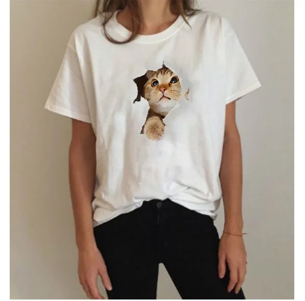 

2019 new vogue funny 3D Cat hiding in clothes Print tt shirt Cotton Casual t t shirt female Tops Tee Hipster Tumblr harajuku