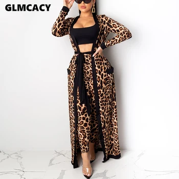 

Women Elegant Two Pieces Fall Outfits Classy Long Open Stitch Cardigans and Leopard Long Pants Set Sexy Autumn Winter Clubwear