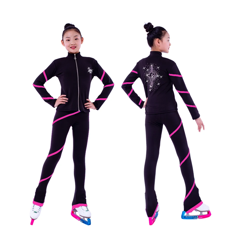 New Ice Figure Skating Jacket Pants Women Girl Trousers Top Black Teens Children Kids Colored Blue Rhinestones Training
