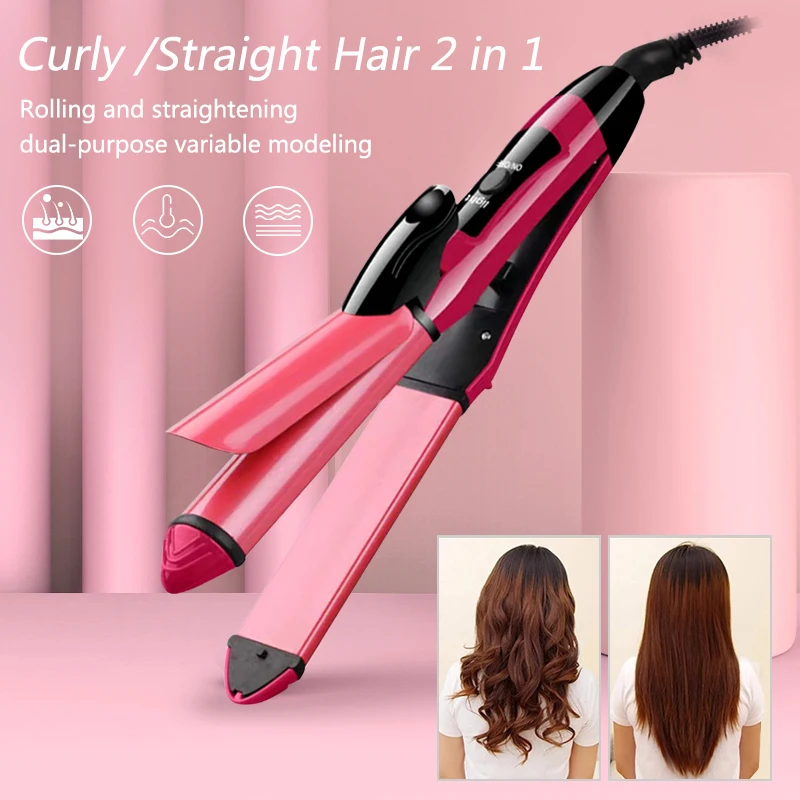 

2 In 1 Hair Curling Iron Electric Hair Straightener Curl Hair Styling Tools 360 Degree Rotatable Clip Hair Curler