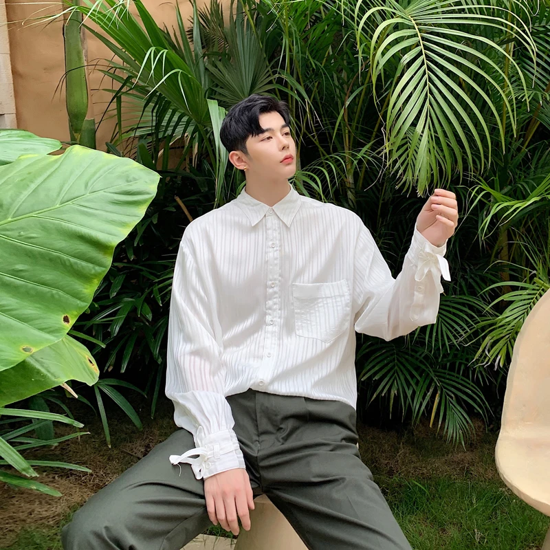 

2019 Autumn Cuff Silk Weave Bring Decoration Dark Stripe Easy Man Thin Long Sleeve white Black Shirt Three-colour Japan Style