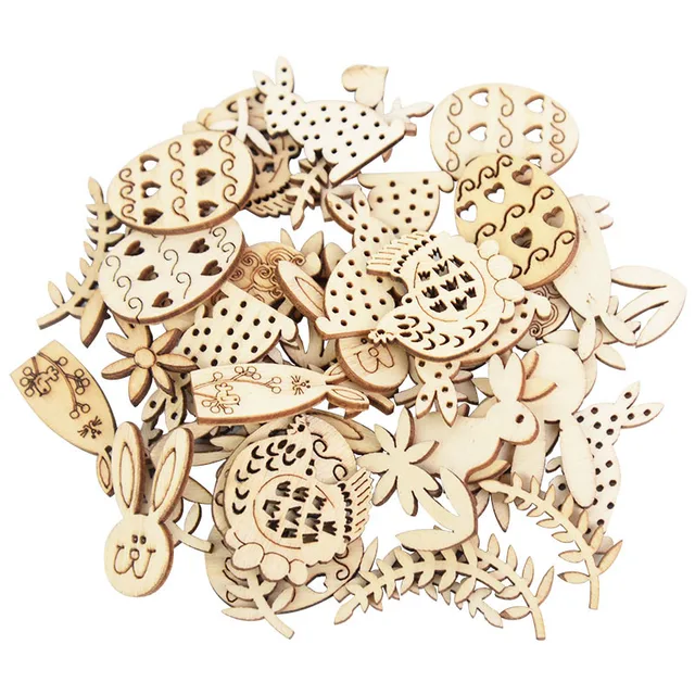 50/100pcs Happy Easter Rabbit Eggs Wooden Craft Easter Decorations Home Party DIY Wood Chips Hanging Ornaments Natural Handcraft mix