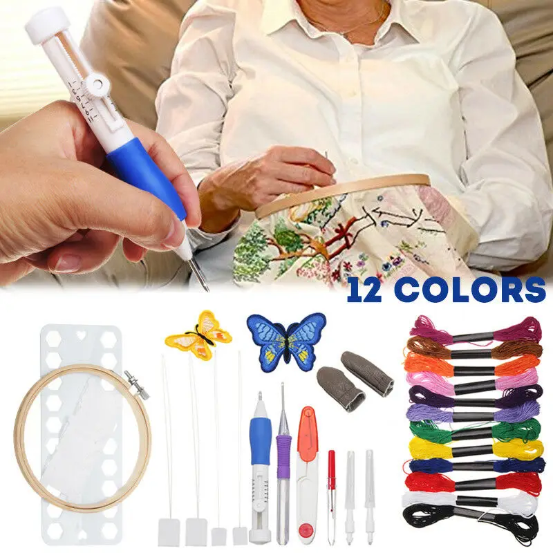 

DIY Sewing Tools Kit Magic Embroidery Pen Punch Needle Set with 12 Color Threads HTQ99