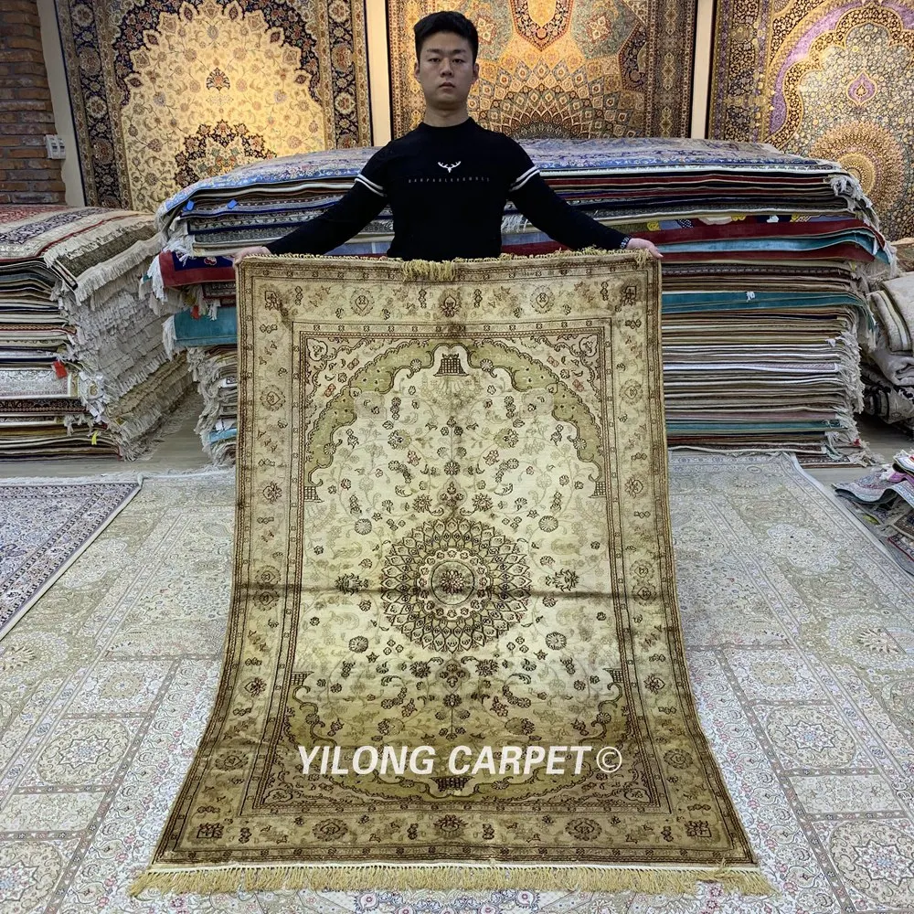 YILONG 4'x6' ручной работы турецкий ковер бежевый античный персидский Шелковый ковры(LH1010B