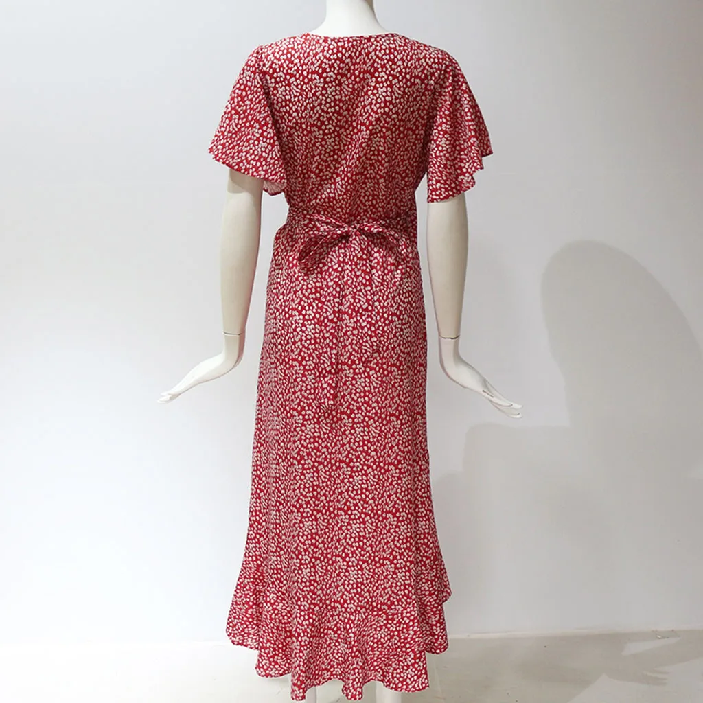 Feitong vestido платье ropa mujer femme модное женское платье с v-образным вырезом и коротким рукавом с цветочным принтом и оборками с открытой вилкой#822