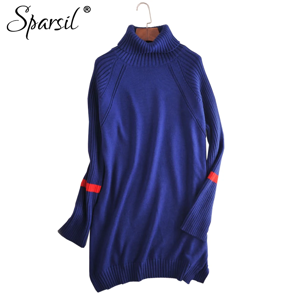 Sparsil, женские зимние длинные шерстяные свитера, водолазка, свободные, CashmereThread, вязанные пуловеры с разрезом, женское платье