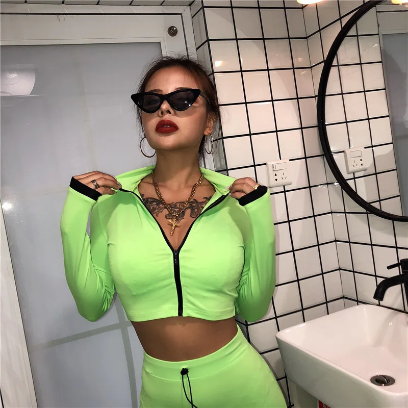 Женский комплект из 2 предметов: куртка на молнии с длинными рукавами, леггинсы, 2 предмета, комплекты для бега, укороченные топы, Йога, фитнес, спортивные костюмы для бега, осенний комплект верхней одежды