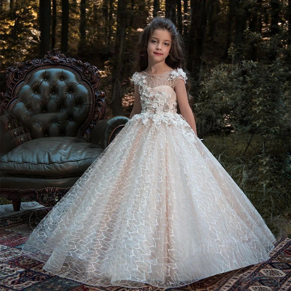 GZY White Ivory Lace Long Sleeve Flower Girl Dress - Princess Pageant Gown For Weddings & Special Occasions