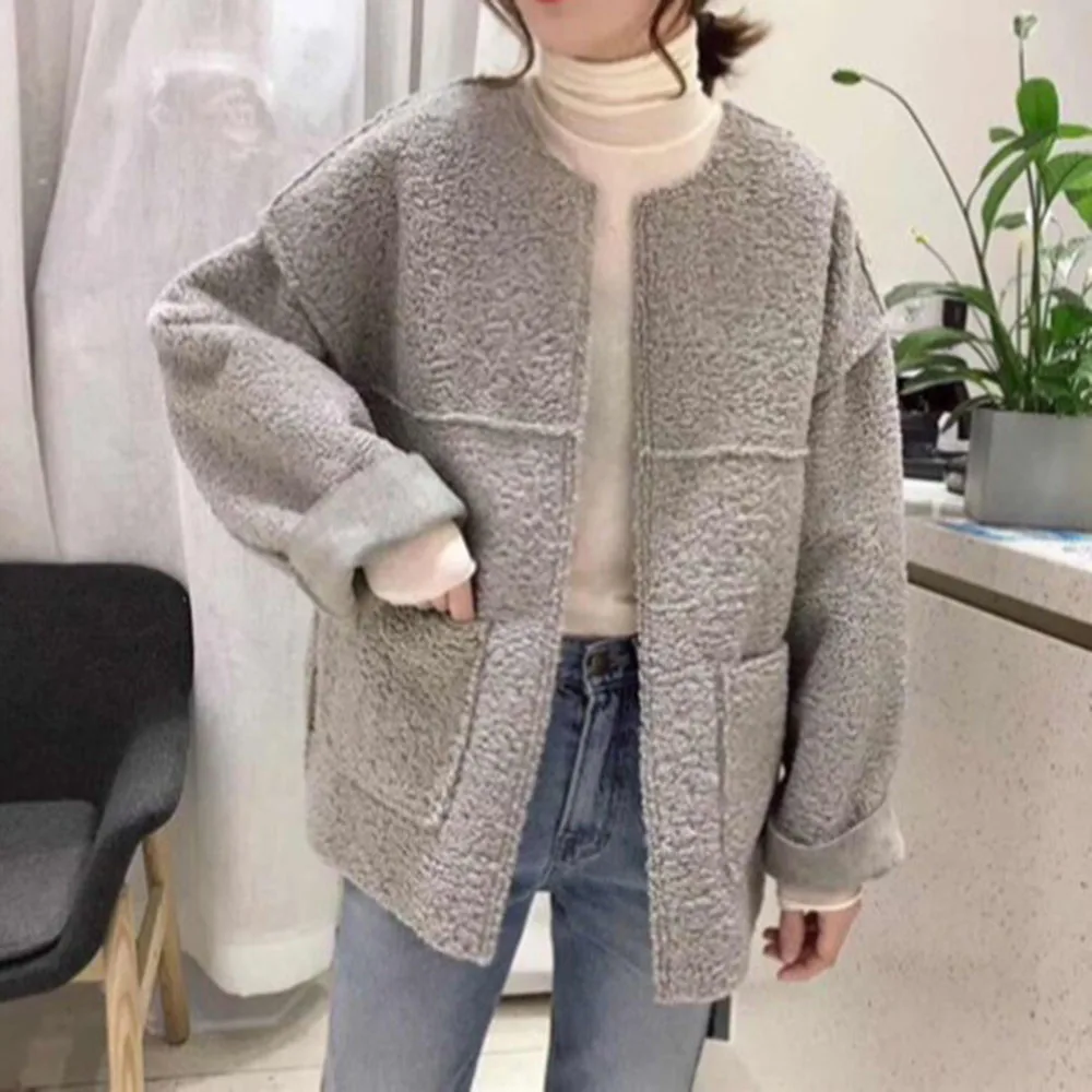 

Simplicity Lamb Wool Coat Winter New Korean Japan Style Fashion Casual Loose Versatile Female Jacket Plus Size 2XL OverCoat