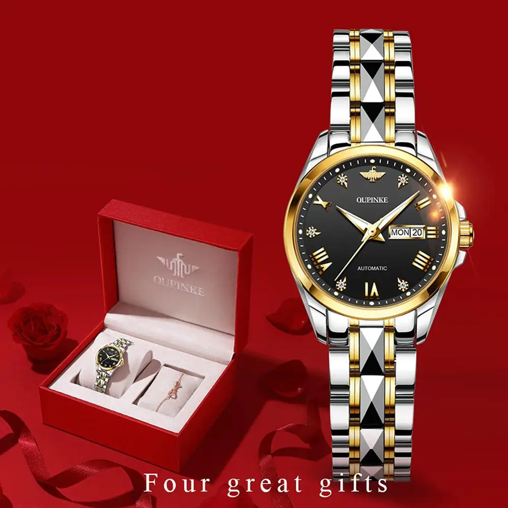 OUPINKE Top Luxury Women Wristwatch Automatic Mechanical Waterproof Watch Sapphire Mirror Tungsten Steel Watchstrap Lady Watches