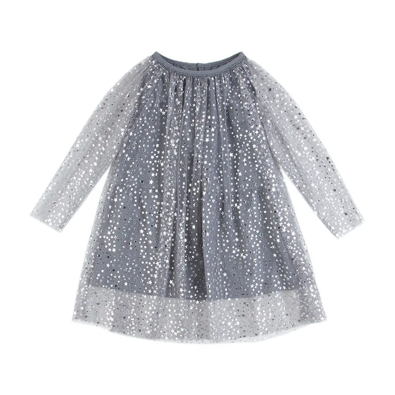 

Tk15601dr Girls' Shirt Spring And Autumn Playful Graffiti Silver Foil Printed Mesh 2 Pieces Gray Mesh Dress