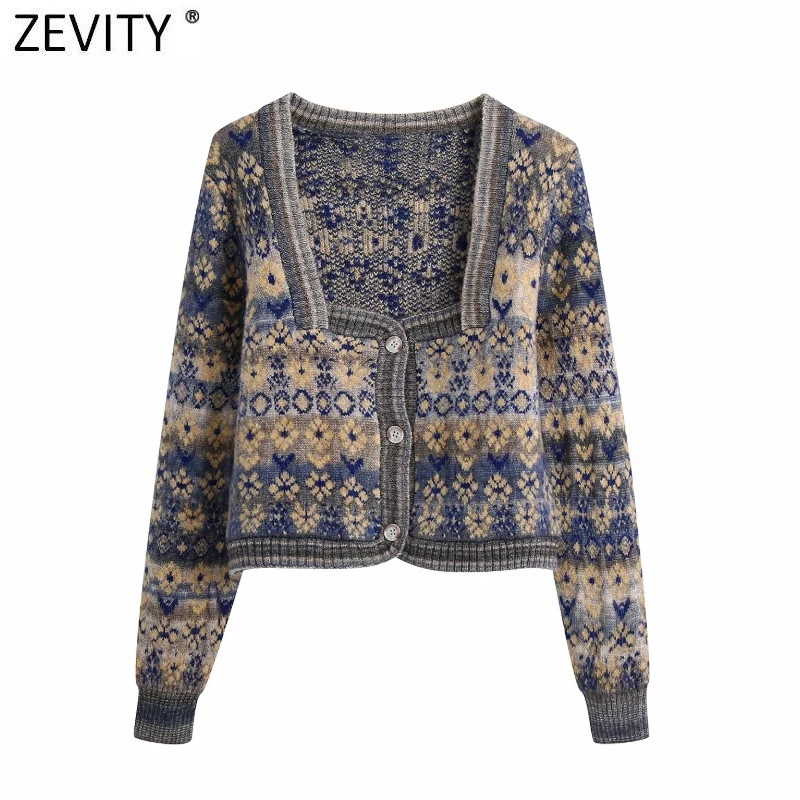 Zevity 2021 Women Vintage Square Collar Flower Print Jacquard Knitting Sweater Female Long Sleeve Chic Cardigans Coat Tops S652 |