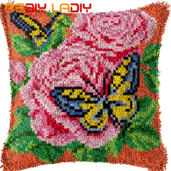 

Latch Hook Cushion Butterfly Rose Printed Canvas Cushion Front Acrylic Yarn Crochet Pillow Case Kits Sofa Bed Pillows Home Decor