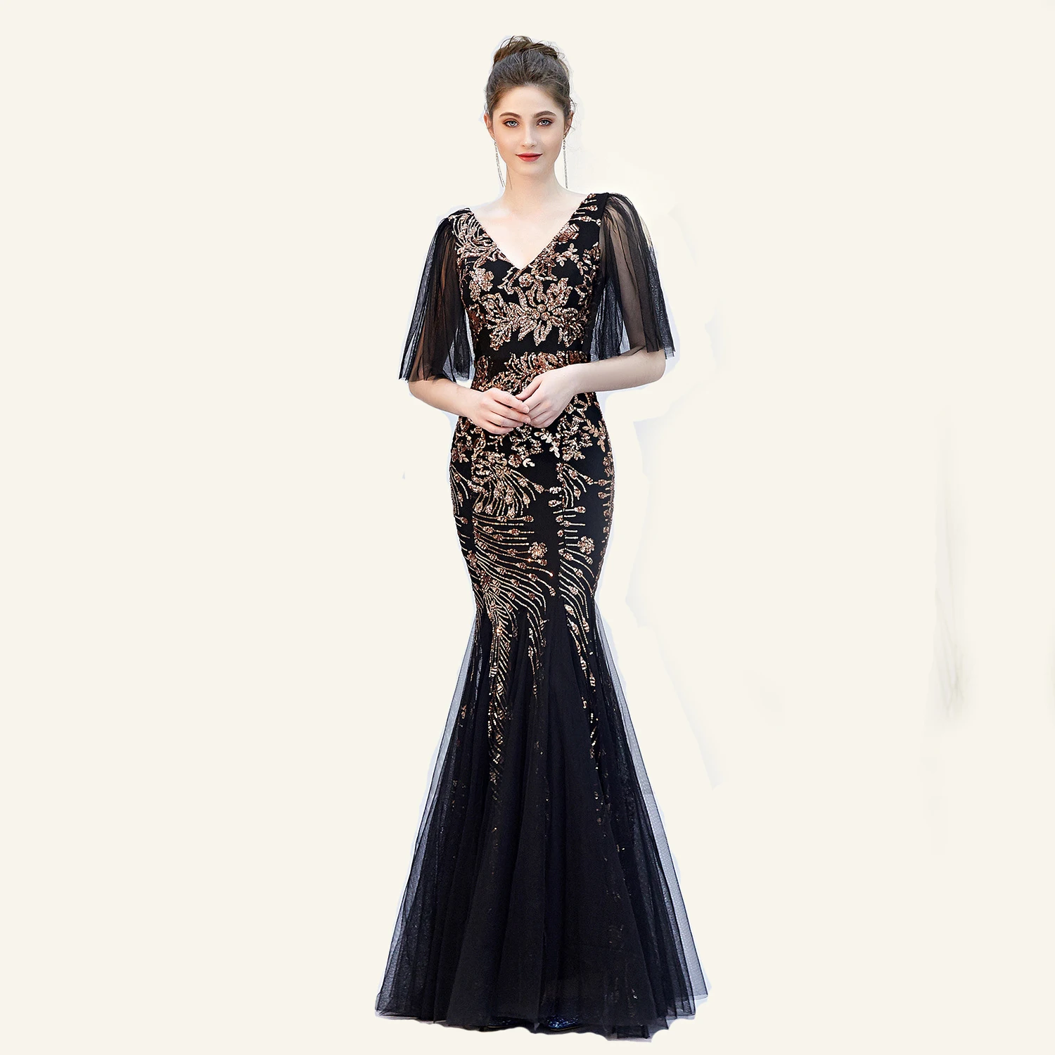 

elegant v-neck Formal Party evening Dresses Flare Sleeve Black Gold Heavy Sequins Evening Dress embroidery noble evening gown