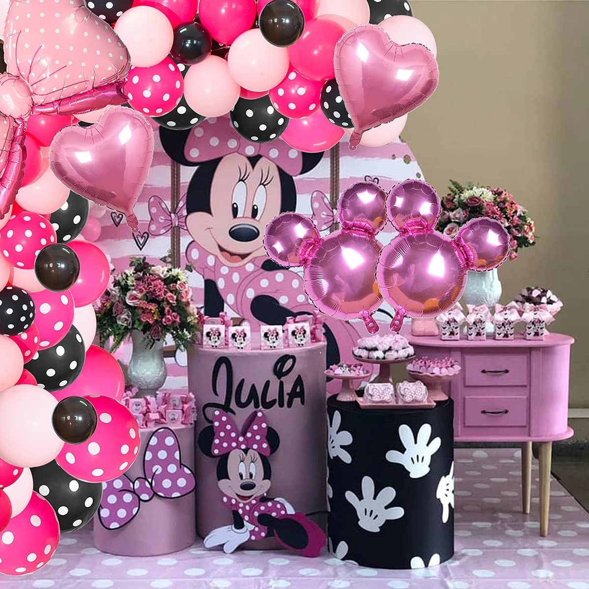 Mediana Aliviar agua Globos decorativos de Minnie Mouse para fiesta de cumpleaños, arco de  guirnalda con pancarta de fondo para niñas, suministros para Baby Shower,  color rosa, 121 piezas|Decoraciones DIY de fiestas| - AliExpress