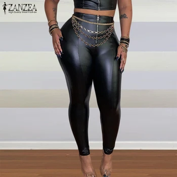 

ZANZEA Women PU Leather Pants Casual High Waist Slim Pencil Pants Spring Zip Up Solid Long Trousers Pantalon Female Leggings