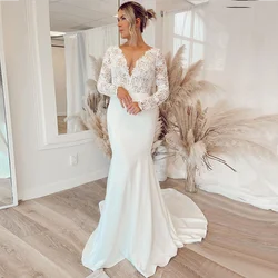 Sexy V-Neck Mermaid Wedding Dress with Long Sleeves Floor Length Full Back Plus Size Bridal Gowns Vestido de Novia Elegant Lace