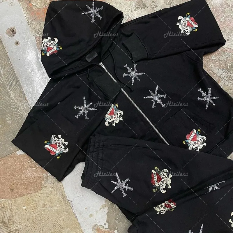 FeMereina Women Sweatshirt Oversized Y2K Butterfly Graphic Rhinestone Zip Up Hoodies E-Girl 90s Grey Diamond Streetwear Jacket (Black2, S