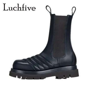 

Wave Leather Flat Platform Chelsea Boots Genuine Leather Elastic Band Ankle Boots Navy Blue High Street Shoes Women