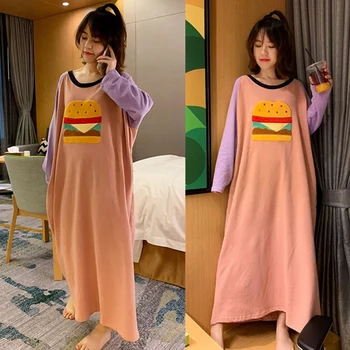 

Autumn Fashion Nightdress Large Size Fashion Home Service Long-sleeved Stitching Color Burger Print Loose Nightdress