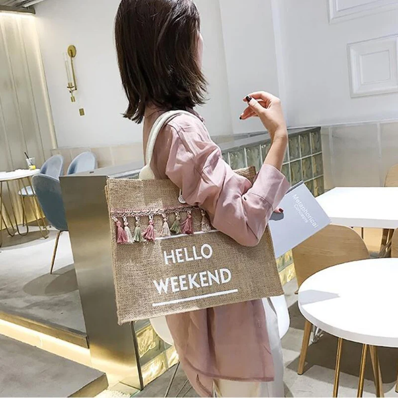 Women Handbags Large Capacity Linen Totes Lady Tassel Shoulder Bag Summer Beach Bags Casual Travel Luxury Designer Shopping Bag