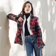 [EWQ] Осень, высокое качество, зубчатый воротник, длинный рукав, в клетку, пэтчворк, двубортный костюм, пальто, женская мода, тренд AH324