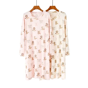 

New style nightdress modal cotton long-sleeved dress female cute cartoon loose home wear nightdress autumn nightie cotton