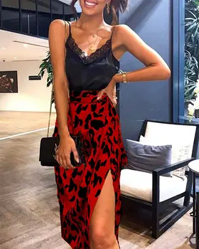 

Fashion Women`s Leopard Print Calf Length Bowdot Split Skirts Ladies Beach Sexy Wrap Cover Up Dress