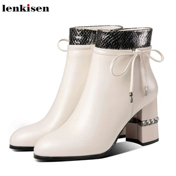 

Lenkisen elegant crystal lace up bowtie cow leather mixed colors round toe high heels zip winter women fashion ankle boots L38