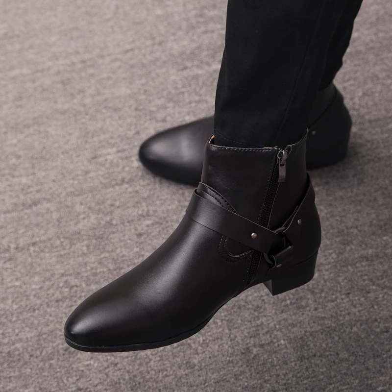 Ankle Boots Chelsea Boots PU Leather Men Breathable Autumn Winter Fashion Pointed Toe Heels Dress Shoes Big Size men chelsea boots
