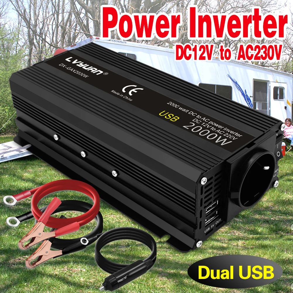 

Inverter 12V 220V 2000W Peak Power Car Inverter 2 USB EU AC Outlets Power Inverter инвертор 12v 220v преобразователь 12в 220в