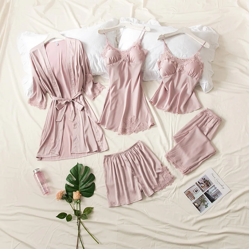 

Women Silk Sexy Summer Lingerie Pijiama Satin Spaghetti Strap Pajamas Gown Korean Robes Five Piece Pajama Sets Pink Sleepwear