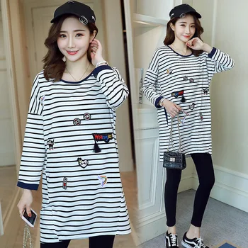 

Pregnant Women Fashion Autumn Clothing New Style Fashion Mom Pregnancy Loose-Fit Versatile T-shirt Ninth Sleeve Striped Shi