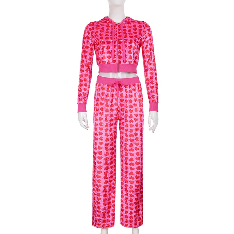 SEASONS Veet Heart Print Cropped Top Bomber Jacket Women Autumn Cute Pink Long Sleeve Coats Zipper Winter Fashion_voghion.com