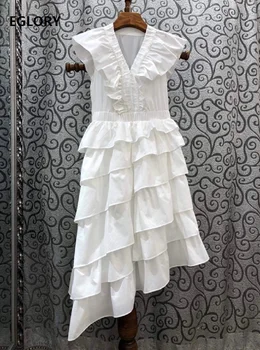 

High Quality Cotton Dress 2020 Summer Fashion Ladies V-Neck Cascading Ruffle Patchwork Sleeveless Sexy Asymmetrical Dress Yellow