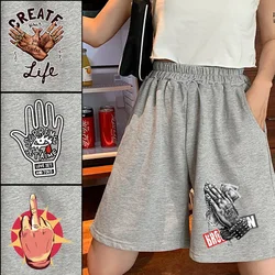 2022 verão nova cintura alta shorts moda de cinco pontos shorts senhoras largas perna shorts de fitness respirável shorts impresso roupas