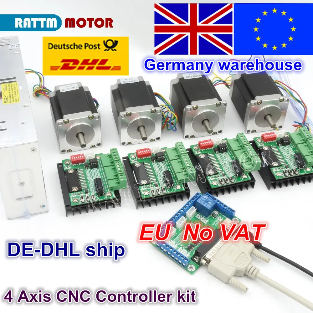 - 4 Axis CNC Router Kit 4pcs 1 Axis TB6560 Driver Interface Board 4pcs Nema23 270OzIn Stepper Motor 350W Power Supply