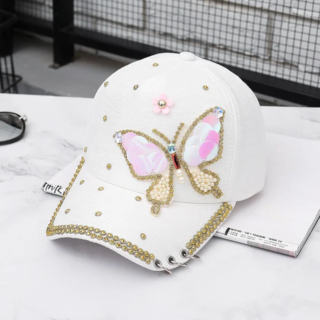 New High-Quality Fashion Butterfly Print Baby Cotton Baseball Cap With Brick Mosaic Ladies Beautiful Girl Hip-hop Mesh Hats Butterfly White