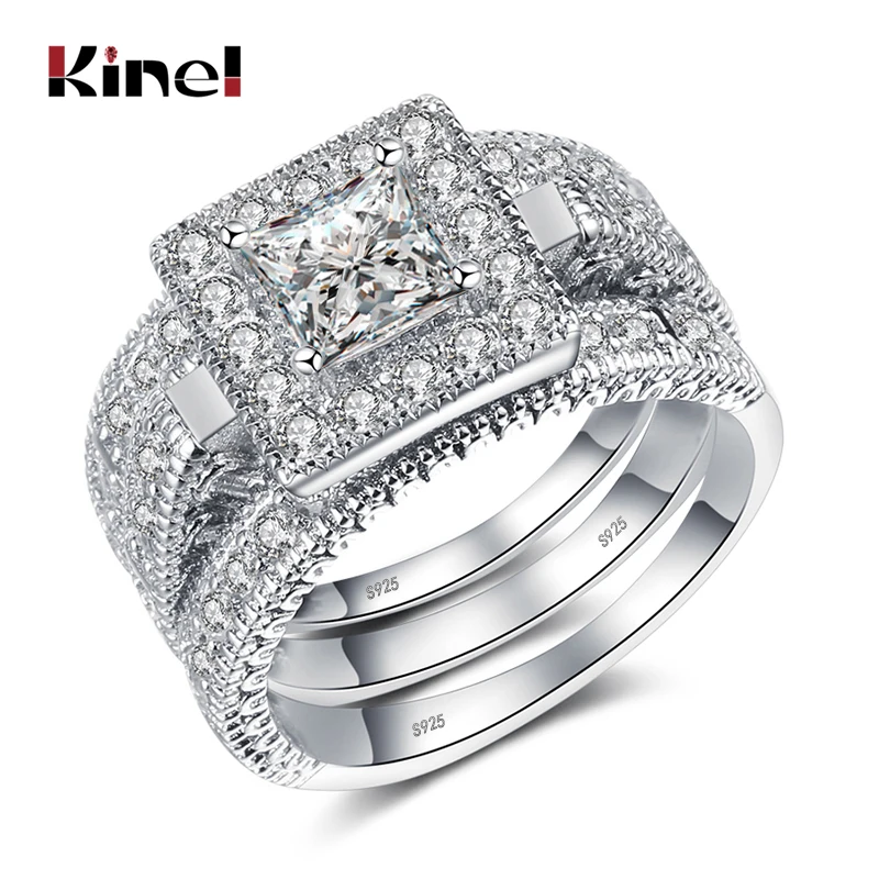 Модные большие 6 мм квадратные свадебные кольца Kinel 3 шт./компл. с цирконом для