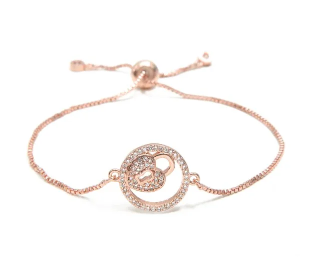 gold silver Chain bracelet micro pave cz rope Cubic Zirconia adjusted Macrame Round heart lock charm xh43 Bangles gift | Украшения и