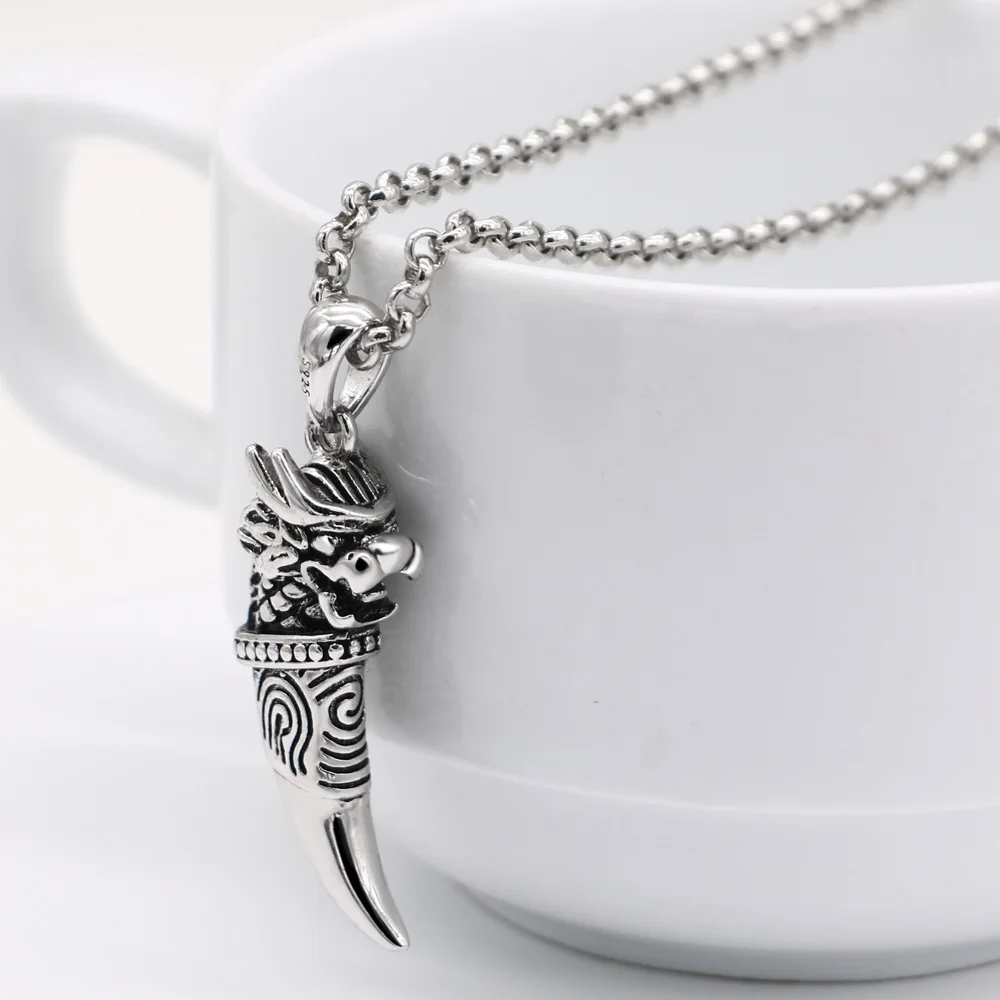 Retro 925 Sterling Silver Male Pendant Necklaces Punk Fashion Brave Men Wolf Tooth Spike Pendant Necklace for Men