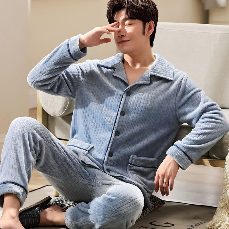 Winter Men Thicken Warm Soft Flannel Pajamas Sets Male Long Sleeve Pijama Casual Sleepwear Homewear Leisure Home Pyjama Clothing mens silk pajamas short set Men's Sleep & Lounge