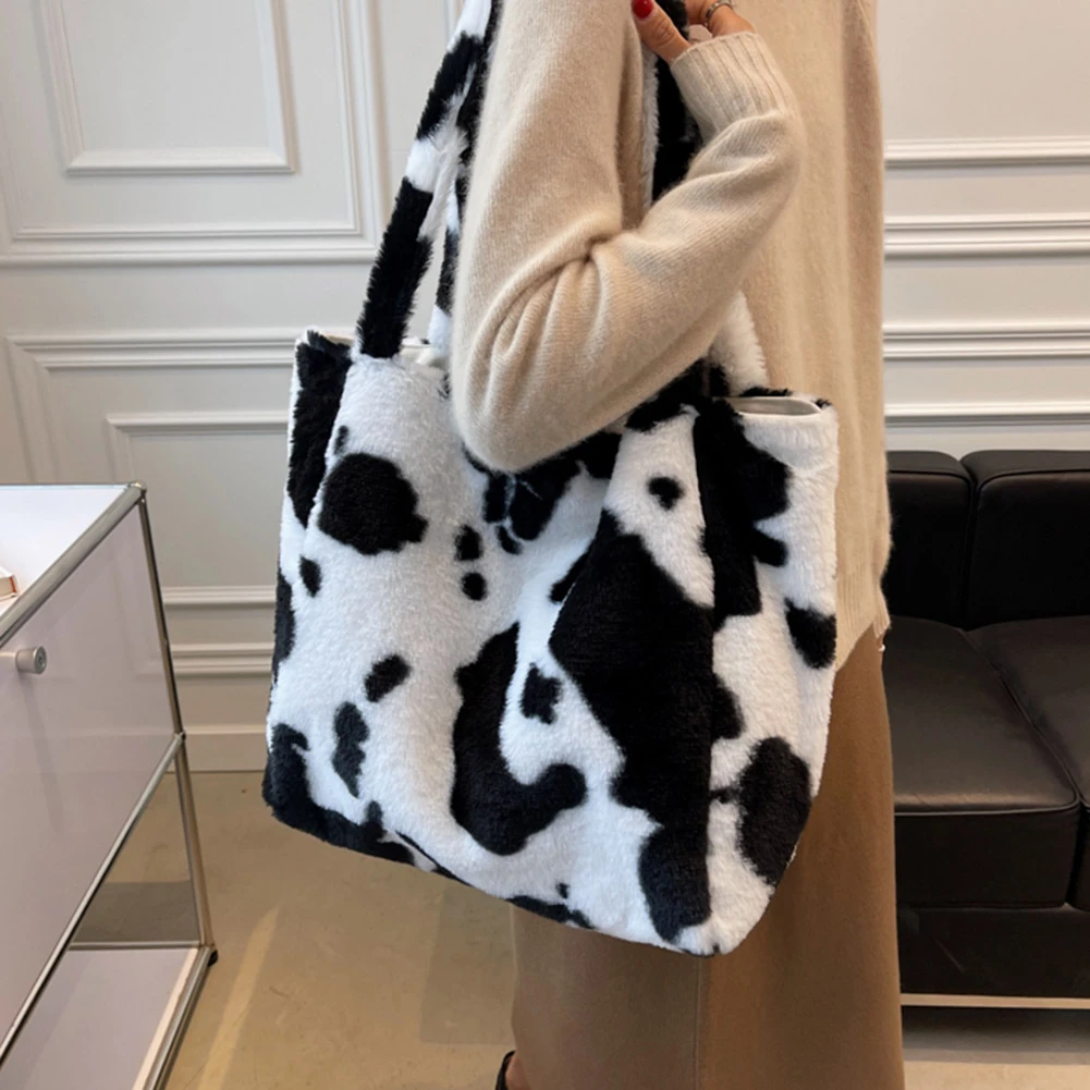 fluffy cow print tote bag
