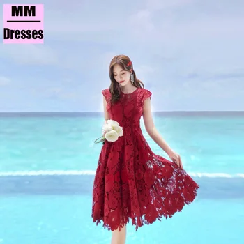 

Summer Beach Women Dress Sleeveless O-Neck High Waist Slim A-Line Ladies Dresses Sexy Hollow Out Lace Hook Flower Women Dress