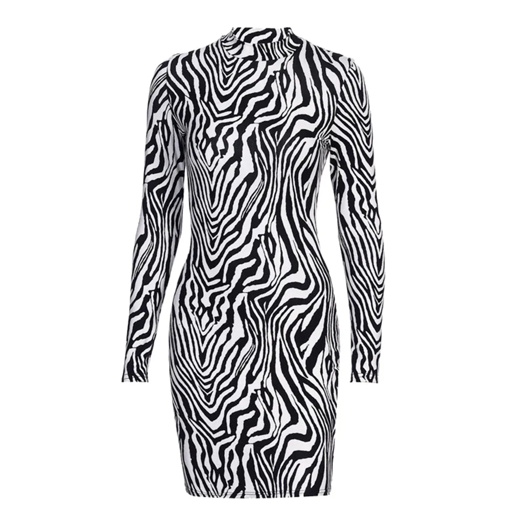 Animal Print dress Women Fashion Sexy Long Sleeve Solid O Neck Fitted Slim Waist Short Mini Dress Fashion Club Wear Vestidos